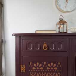 Vintage Carved Sideboard Painted Dark Plum Brown With Copper Detailing - thumbnail 3