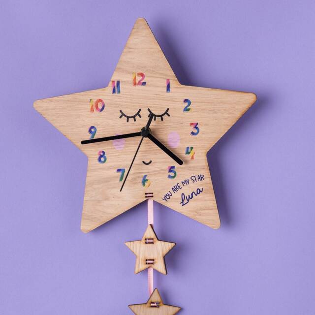 Sleeping Star Children's Personalised Oak Wood Clock With Rainbow Numbers - image 1