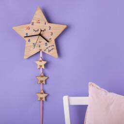 Sleeping Star Children's Personalised Oak Wood Clock With Rainbow Numbers - thumbnail 2