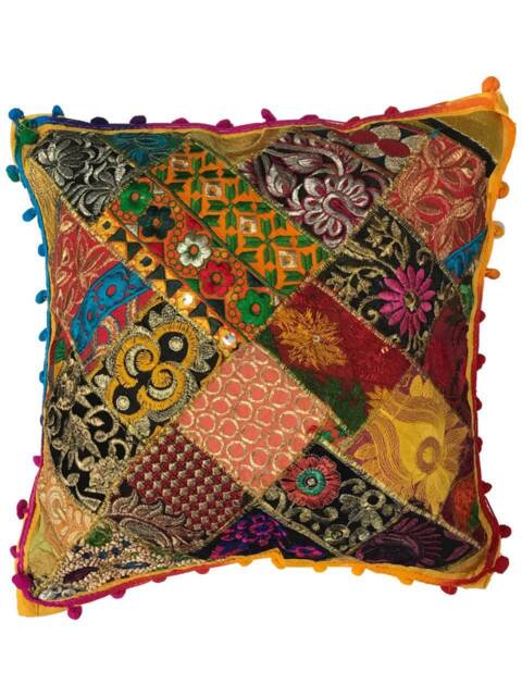 Indian Patchwork Cushion Cover Handmade Pom Hand Sewed 16 - image 1