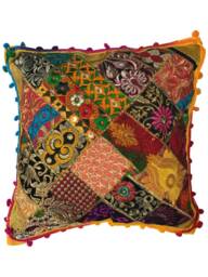 Indian Patchwork Cushion Cover Handmade Pom Hand Sewed 16 - thumbnail 1