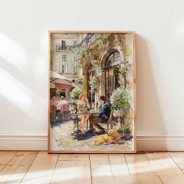 Cherry Blossom Caf?? Wall Art Print Spring Coffee Shop Poster Pastel Outdoor Scene Unframed French Patio Decor Whimsical Artwork