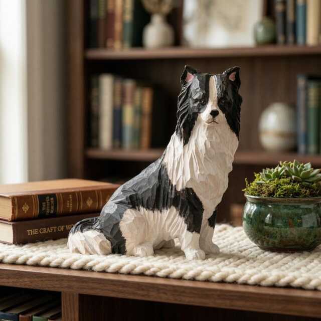Hand-Carved Wooden Border Collie Figurine, Black & White Dog Sculpture, Rustic Pet Memorial Gift, Lover Home Decor - image 1