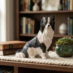 Hand-Carved Wooden Border Collie Figurine, Black & White Dog Sculpture, Rustic Pet Memorial Gift, Lover Home Decor - thumbnail 1