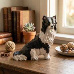 Hand-Carved Wooden Border Collie Figurine, Black & White Dog Sculpture, Rustic Pet Memorial Gift, Lover Home Decor - thumbnail 4