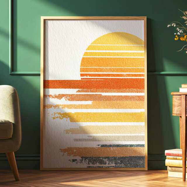 Retro Sunset Wall Art Minimalist Sun Print Warm Yellow Orange Stripes Mid-Century Modern Decor Poster Framed Canvas - image 1