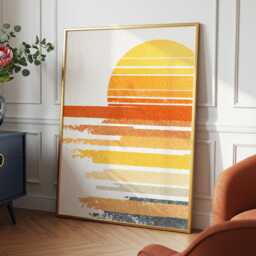 Retro Sunset Wall Art Minimalist Sun Print Warm Yellow Orange Stripes Mid-Century Modern Decor Poster Framed Canvas - thumbnail 3