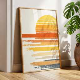 Retro Sunset Wall Art Minimalist Sun Print Warm Yellow Orange Stripes Mid-Century Modern Decor Poster Framed Canvas - thumbnail 2