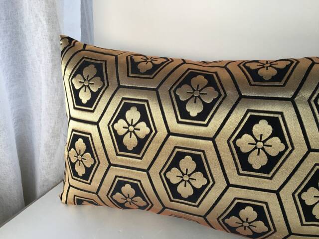 Golden Geometric Brocade Pillow Case, Japanese Obi Brocade, Sofa Bedding, Japan Throw Pillow, Kimono Cushion, Black & Gold Decor - image 1