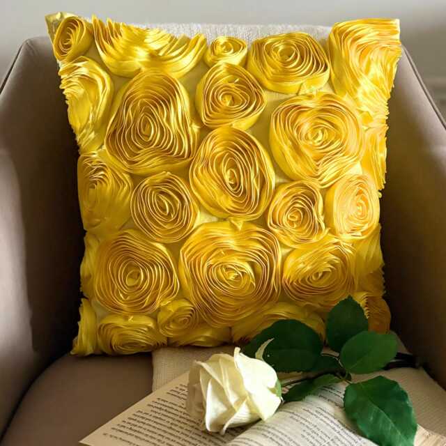 "Art Silk Ribbon Embroidered Yellow Rose Decorative Pillow Sham, 24""x24""/26""x26" - image 1