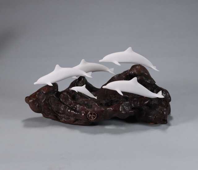 Dolphin School Sculpture By John Perry 8In Long On Polished Burlwood Base. Signed - image 1