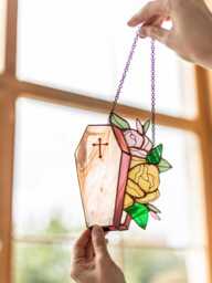 ??offin Flowers Roses Suncatcher Stained Glass Gothic Decor Home House Window Wall Hangings Horror Halloween Gift, Spooky Vibes Dark Academia