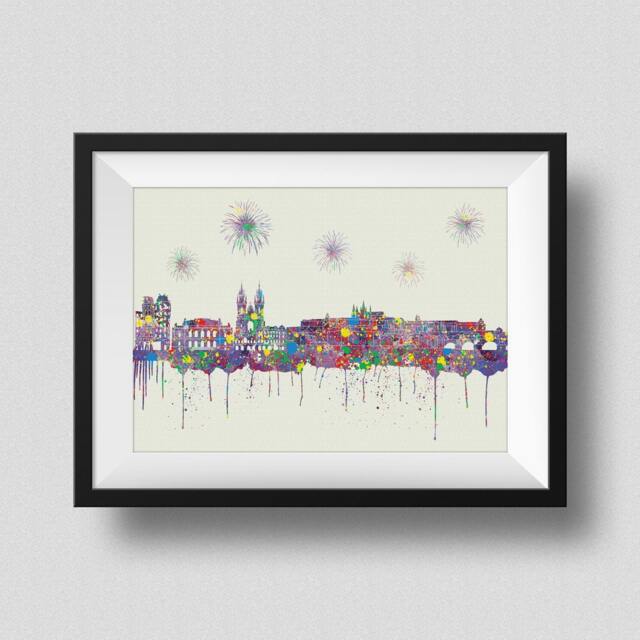 Prague Skyline Watercolor Map Art Print Czech Republic Ink Splash Poster Canvas
