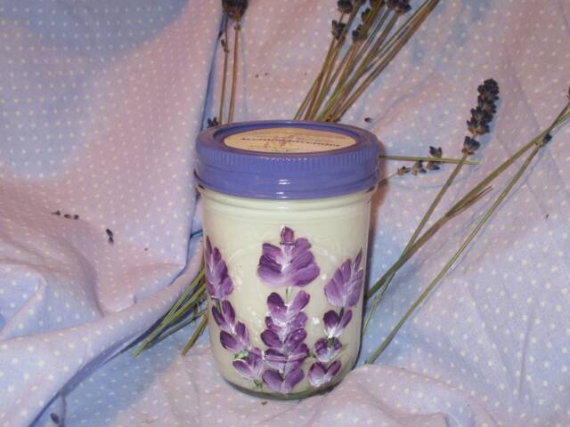 Hand Painted 8 Ounce Mason Jar Lavender Floral Soy Candle . Various Fragrances To Choose From. Free Shipping