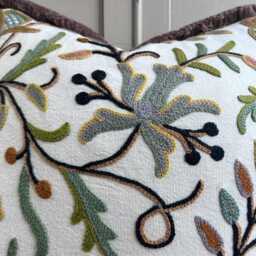 Coromandel Butterfly Crewel Cushion Cover, Heritage Fabric, Fringe Detail - thumbnail 3