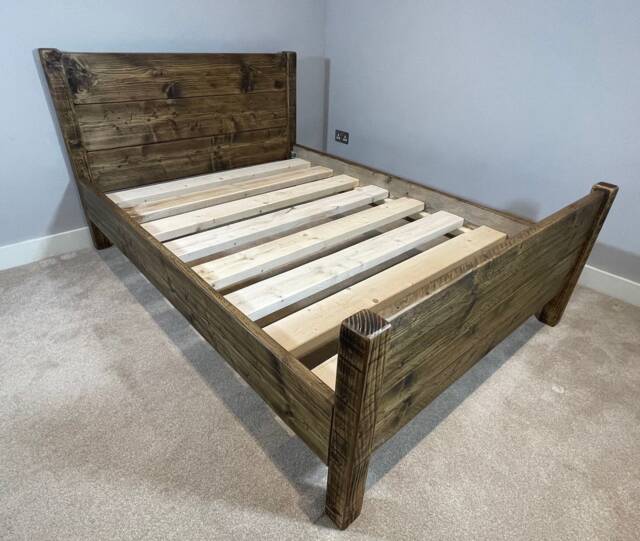 Reclaimed Wood Bed Frame With Headboard, Chunky Rustic Pine Extra Thick Slats - image 1