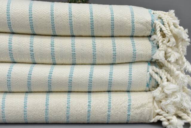Beach Towel, Turkey Handwoven Peshtemal Turquoise Striped Organic Cotton 65x35 Washable Ecm-4_782 - image 1