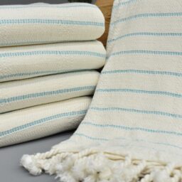 Beach Towel, Turkey Handwoven Peshtemal Turquoise Striped Organic Cotton 65x35 Washable Ecm-4_782 - thumbnail 3