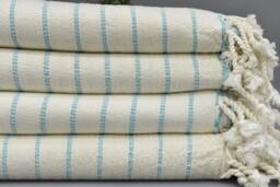 Beach Towel, Turkey Handwoven Peshtemal Turquoise Striped Organic Cotton 65x35 Washable Ecm-4_782