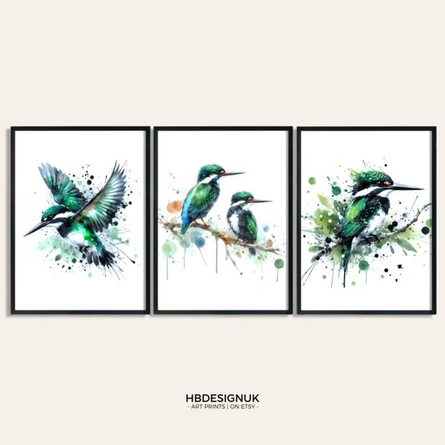 Green Kingfisher Poster Set - 3 Bird Prints - Watercolour Kingfishers Painting Decor Picture Animal Wall Art Wildlife Gifts Print - image 1