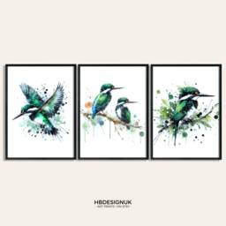 Green Kingfisher Poster Set - 3 Bird Prints - Watercolour Kingfishers Painting Decor Picture Animal Wall Art Wildlife Gifts Print - thumbnail 1