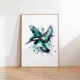 Green Kingfisher Poster Set - 3 Bird Prints - Watercolour Kingfishers Painting Decor Picture Animal Wall Art Wildlife Gifts Print - thumbnail 2