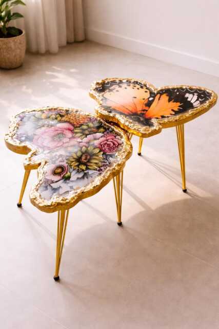 2 X Modern Nested Butterfly Coffee Table, Handmade Epoxy Resin Art Furniture, Designer Side Table With Gold Legs - image 1