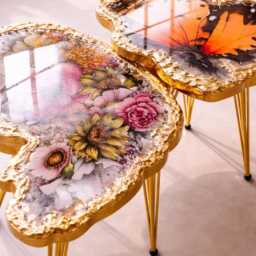 2 X Modern Nested Butterfly Coffee Table, Handmade Epoxy Resin Art Furniture, Designer Side Table With Gold Legs - thumbnail 2