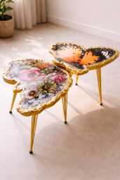 2 X Modern Nested Butterfly Coffee Table, Handmade Epoxy Resin Art Furniture, Designer Side Table With Gold Legs - thumbnail 1
