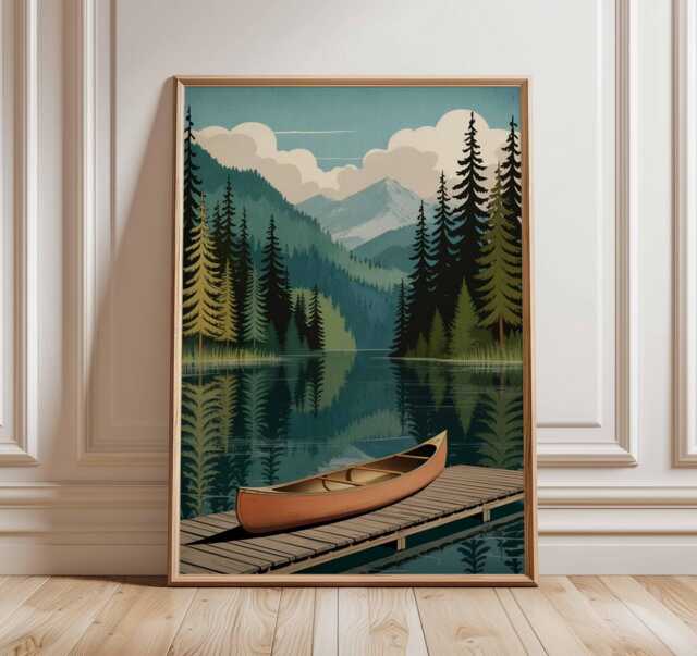 Canoe Lake Poster, Mountain Forest Wall Art, Nature Landscape Print, Scenic Lakehouse Decor, Rustic Cabin Poster - image 1