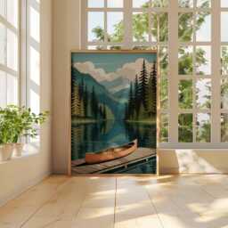 Canoe Lake Poster, Mountain Forest Wall Art, Nature Landscape Print, Scenic Lakehouse Decor, Rustic Cabin Poster - thumbnail 4