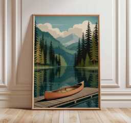 Canoe Lake Poster, Mountain Forest Wall Art, Nature Landscape Print, Scenic Lakehouse Decor, Rustic Cabin Poster - thumbnail 1