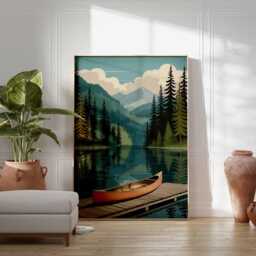 Canoe Lake Poster, Mountain Forest Wall Art, Nature Landscape Print, Scenic Lakehouse Decor, Rustic Cabin Poster - thumbnail 3