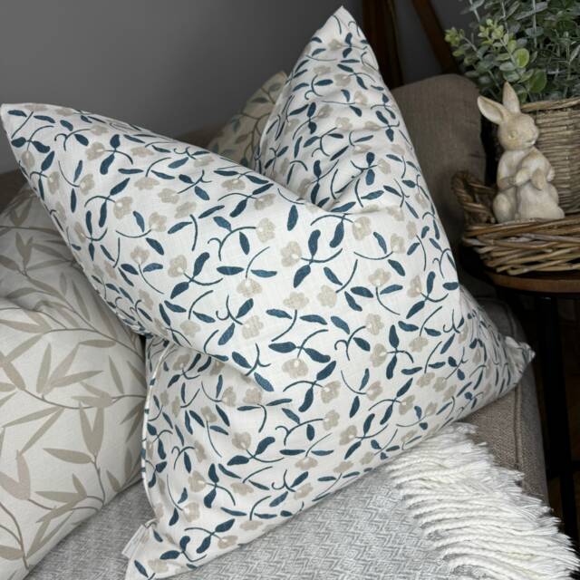 Dainty Floral Design Pillow Cover - Blue Beige White , Decorative Cushion Cover, John Lewis Fabric, Scallop - image 1