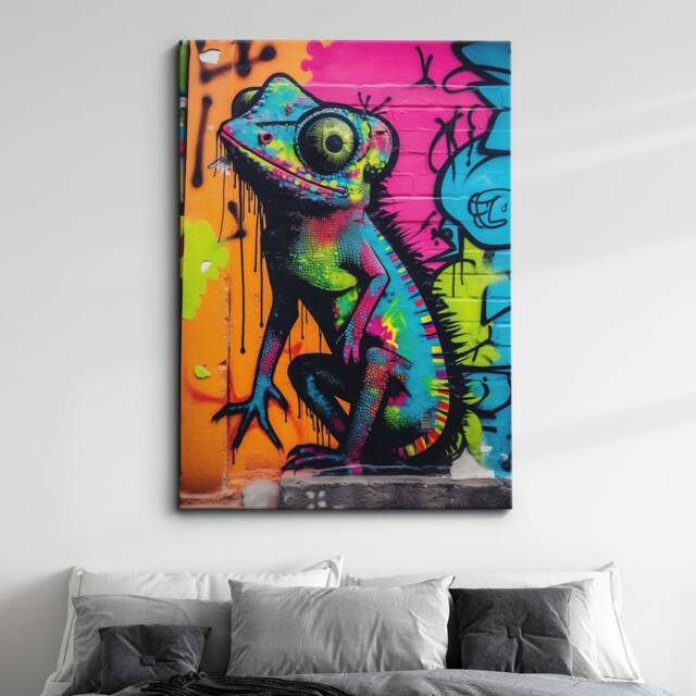Bright & Colorful Chameleon Animal Abstract Oil Painting Wall Art, Framed Canvas Poster Print, Home Kitchen Office Room Decor, Gifts - image 1