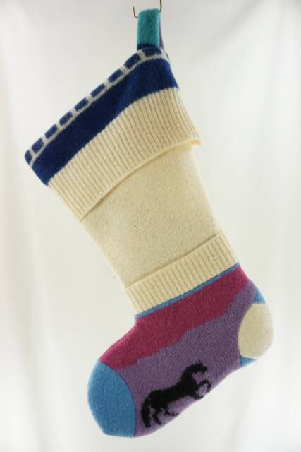 Christmas Stocking Felt Felted Wool Kristin For Miller's Ooak Horse Western Off White Purple Blue Recycled Repurposed Upcycled 745 - image 1