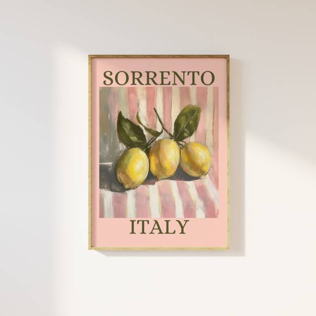 Sorrento Italy Lemon Pink Aesthetic Print - & White Pastel Stripes, Trendy Feminine Fruit Art, Kitchen Dining Room Summer Retro Art - image 1