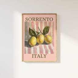 Sorrento Italy Lemon Pink Aesthetic Print - & White Pastel Stripes, Trendy Feminine Fruit Art, Kitchen Dining Room Summer Retro Art - thumbnail 1