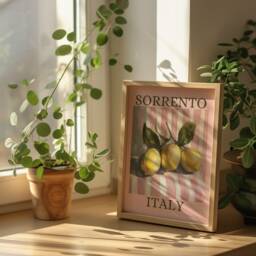 Sorrento Italy Lemon Pink Aesthetic Print - & White Pastel Stripes, Trendy Feminine Fruit Art, Kitchen Dining Room Summer Retro Art - thumbnail 3
