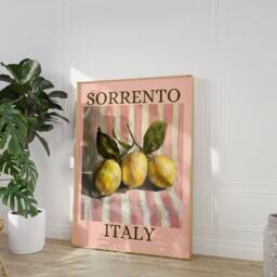 Sorrento Italy Lemon Pink Aesthetic Print - & White Pastel Stripes, Trendy Feminine Fruit Art, Kitchen Dining Room Summer Retro Art - thumbnail 2