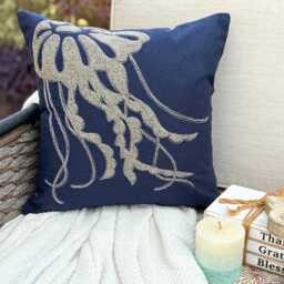 Cotton & Linen Beaded Sea Creature Pattern Navy Blue 24x24/26x26, Beach Style Euro Sham - Jelly Fish At The Shore - thumbnail 2