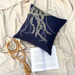 Cotton & Linen Beaded Sea Creature Pattern Navy Blue 24x24/26x26, Beach Style Euro Sham - Jelly Fish At The Shore - thumbnail 3
