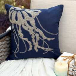 Cotton & Linen Beaded Sea Creature Pattern Navy Blue 24x24/26x26, Beach Style Euro Sham - Jelly Fish At The Shore - thumbnail 1