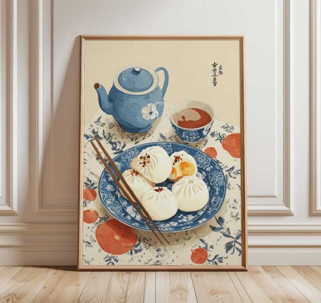 Chinese Breakfast Wall Art Set, Blue & White Porcelain Prints, Tea Dumpling Posters, Asian Kitchen Decor, Elegant Dining Artwork - image 1