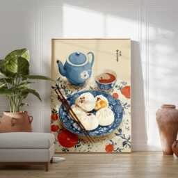 Chinese Breakfast Wall Art Set, Blue & White Porcelain Prints, Tea Dumpling Posters, Asian Kitchen Decor, Elegant Dining Artwork - thumbnail 3
