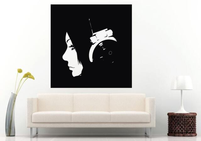 Girl Woman With Over Ear Music Headphones Wall Decal Vinyl Sticker Mural Room Decor L630 - image 1
