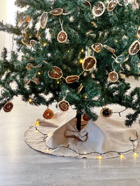 Beige Linen Christmas Tree Skirt With Fringe - 100% Natural Linen, Rustic Raw Edge, Washable Holiday D??cor Custom Colors Available - image 1
