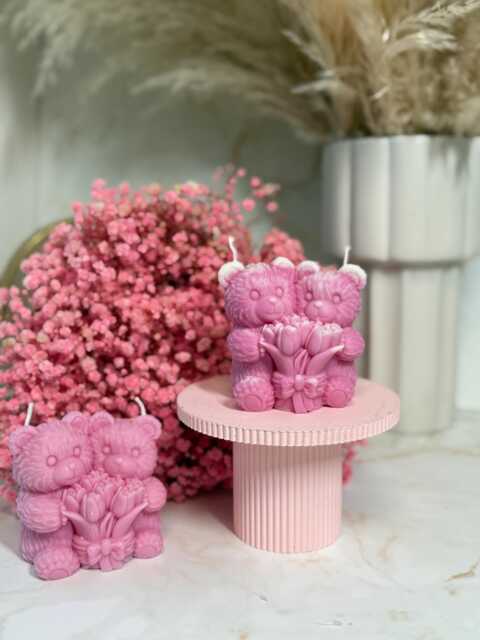 Handmade Pink Teddy Bear Couple Candle With Tulip Bouquet - image 1