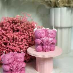 Handmade Pink Teddy Bear Couple Candle With Tulip Bouquet - thumbnail 2