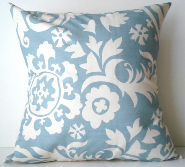 New 18x18 Inch Designer Handmade Pillow Case. Suzani Print in Village Blue On Natural Color Fabirc
